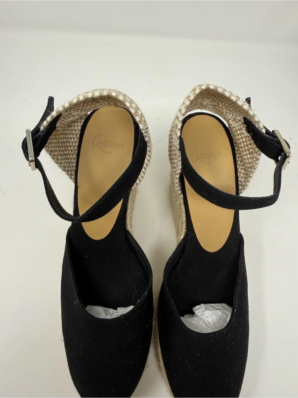 Castaner Black Canvas Espadrille Wedge Sandals with Ankle Strap